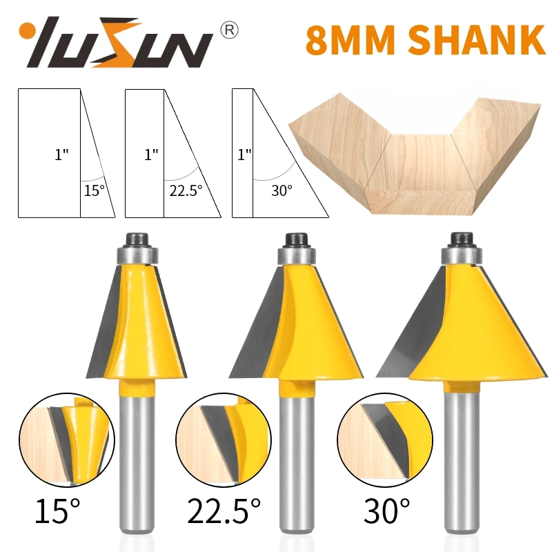 YUSUN 8MM 15/22.5/30 Degree Chamfer Bevel Edging Router Bit Woodworking Milling Cutter For Wood Face Mill