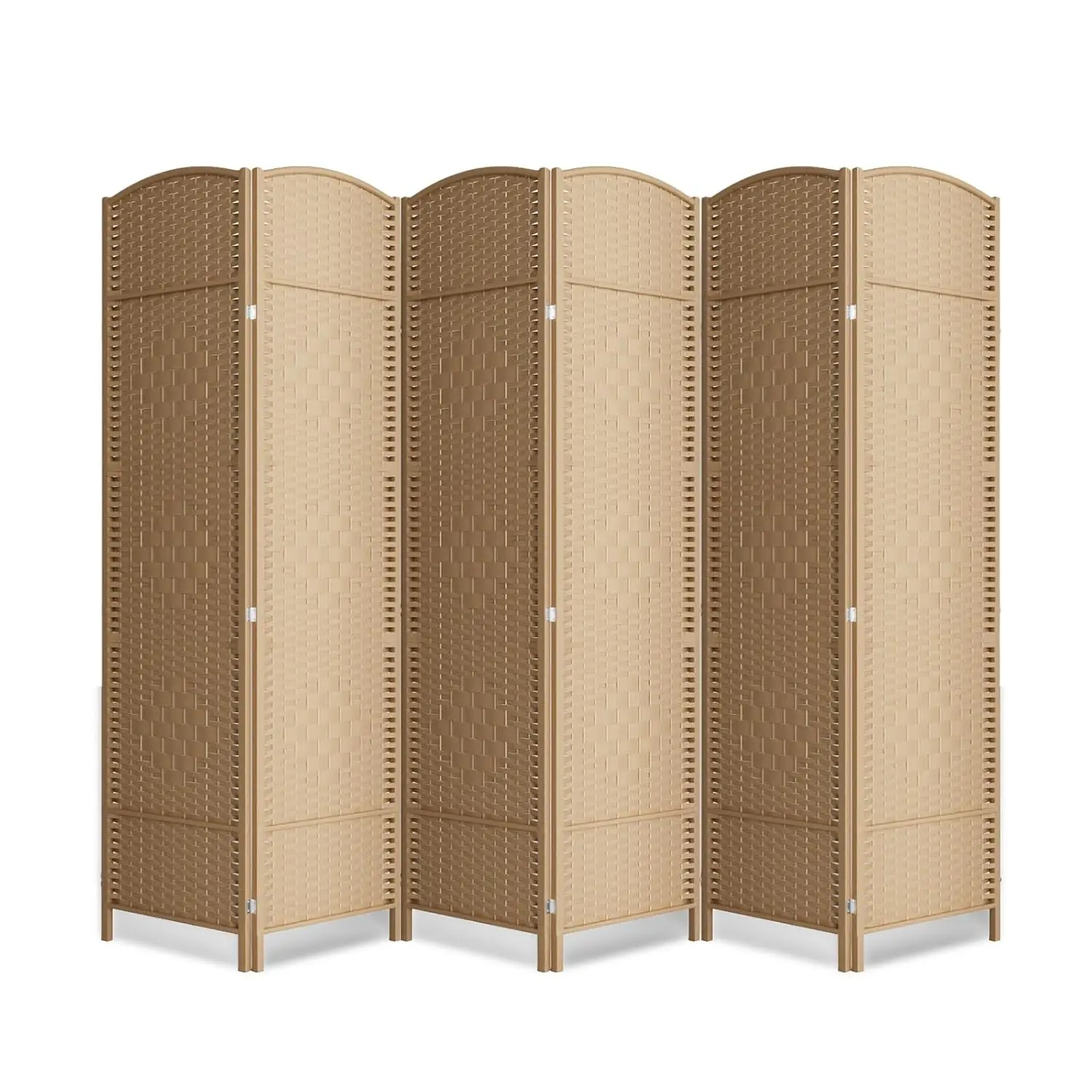 6 Panel Folding Room Divider Woven Privacy Screen Solid Wood Frame Handcrafted Diamond Pattern 6FT Tall Extends to 94.5 Inches W