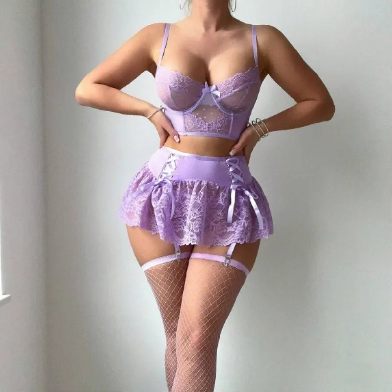 اللون الأرجواني الأوروبية الأمريكية منظور شبكة القوس الدانتيل تنورة مثير عارية الذراعين مجموعة الملابس الداخلية