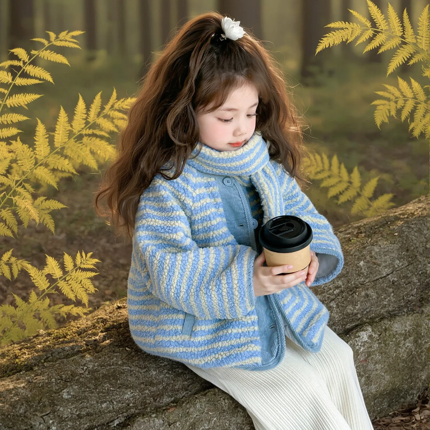 

Winter Children Girl Striped Coat Cotton Thick Warm Single Breasted Kid Baby Girl Jacket Loose Outwear Coat For Girls With Scarf