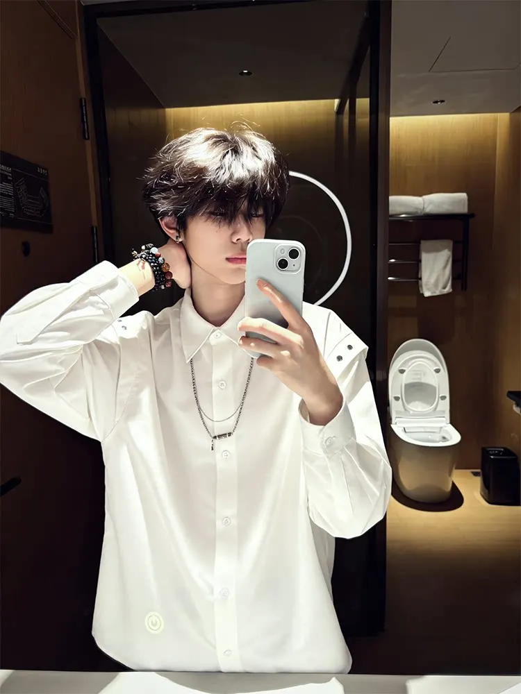 

White Deconstructed Two-Piece Shirt Men's Long Sleeve Spring Autumn Design Sensation College Style Outerwear Casual Fashion