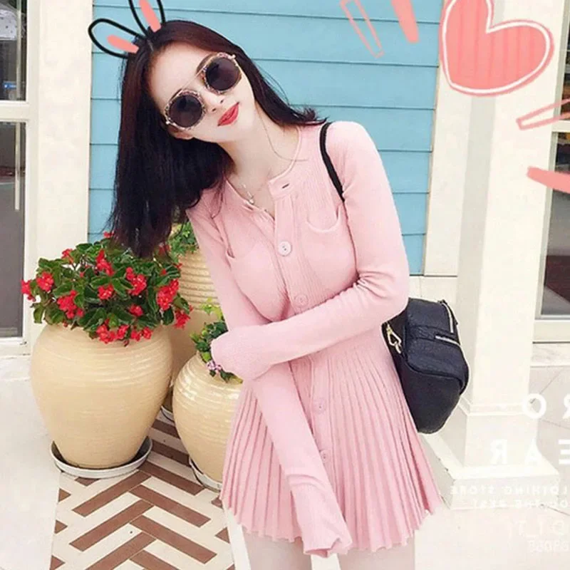 Xpqbb ヴィンテージボタンセータードレス レディース 2025 新作 韓国風 長袖 Oネック ミニドレス スリム リブ編みニット ショートドレス