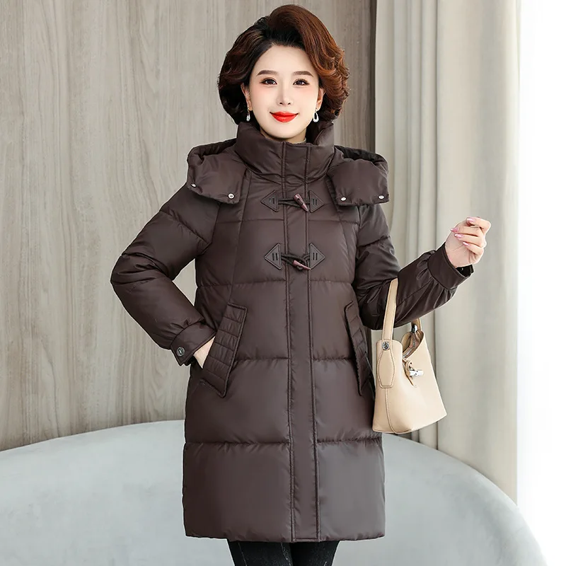 Women Winter Jacket Coat New PU Leather Down Cotton Coat Female Hooded Parkas Warm Mid Long Outerwear Ladies Puffer Overcoat