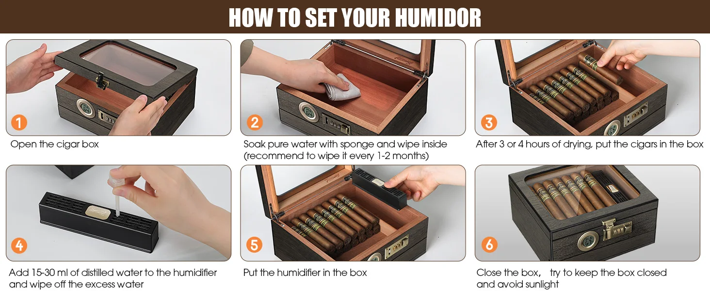 Zigarre-Humidor, Glas-Desktop-Box mit digitalem Thermo-Hygrometer, Luftbefeuchter, Trennwand, Zubehör, Schublade und Zahlenschloss – Detail 2