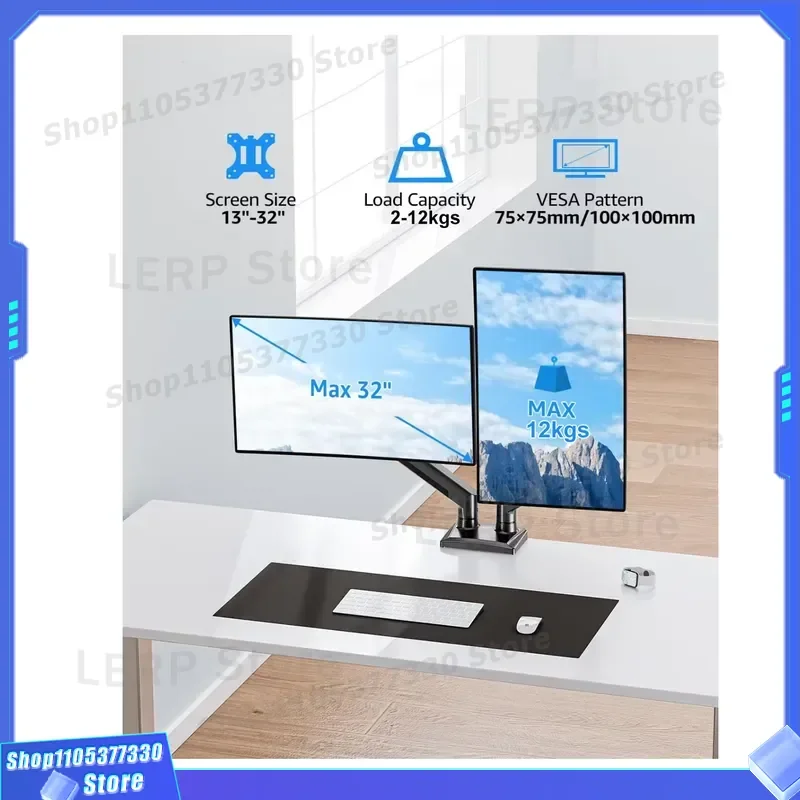 Dual Monitor Stand for 13 to 27 Inch Screens Heavy Duty Desk Mount Holder Supports 2 Monitors up to 12kg Adjustable VESA