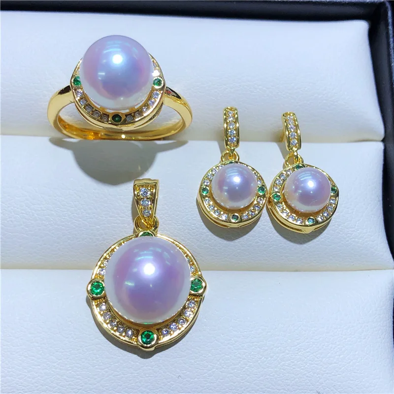 

New Fashion Pearl Jewelry Set 100% Natural Freshwater Pearl Necklace Earrings Ring 14K Gold Gild Jewelry Set For Women Gift