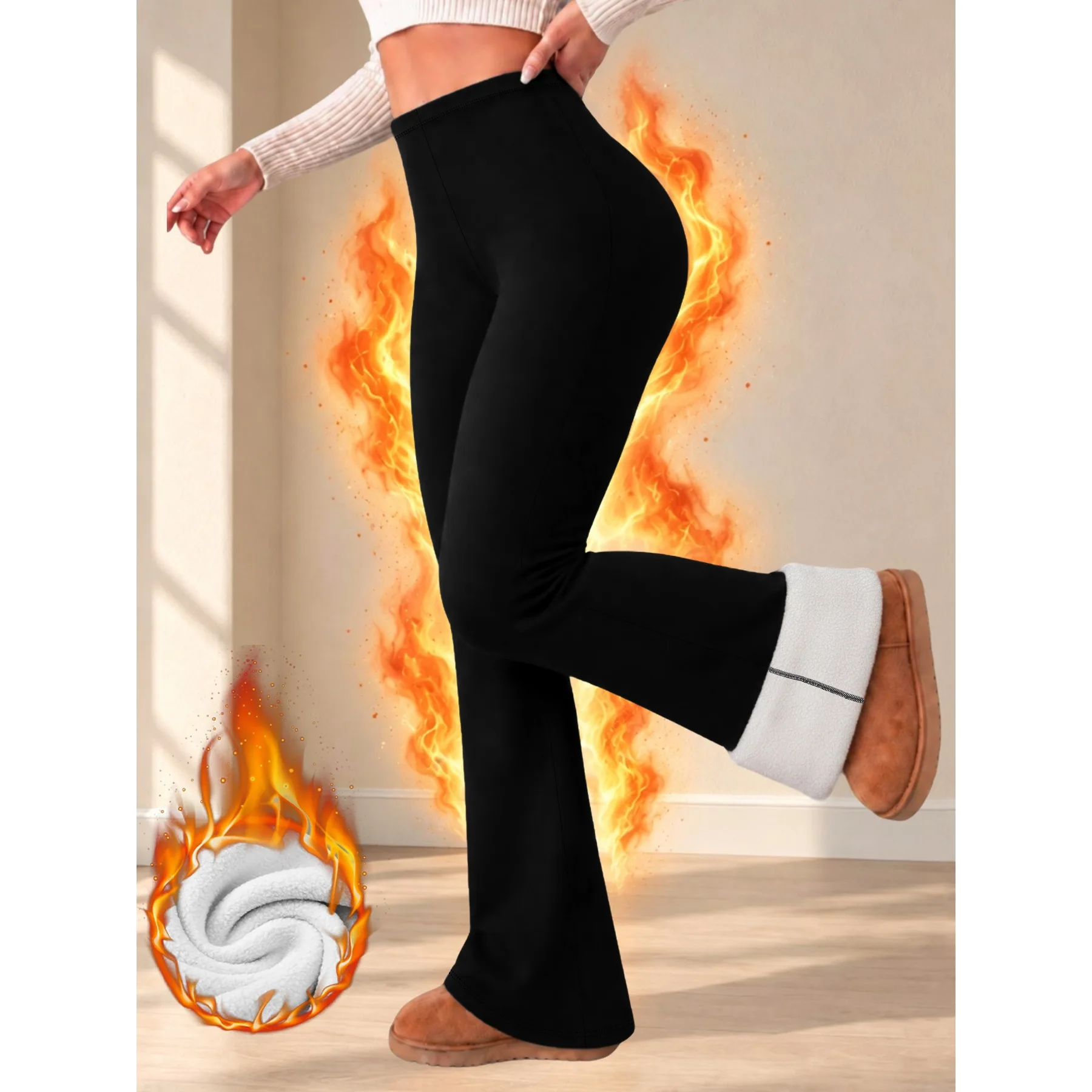Fleece-gefütterte Leggings mit ausgestelltem Bein für Damen, dicke, weiche, wärmende Thermohosen für den täglichen Gebrauch und zum Entspannen im Winter. – Detail 2