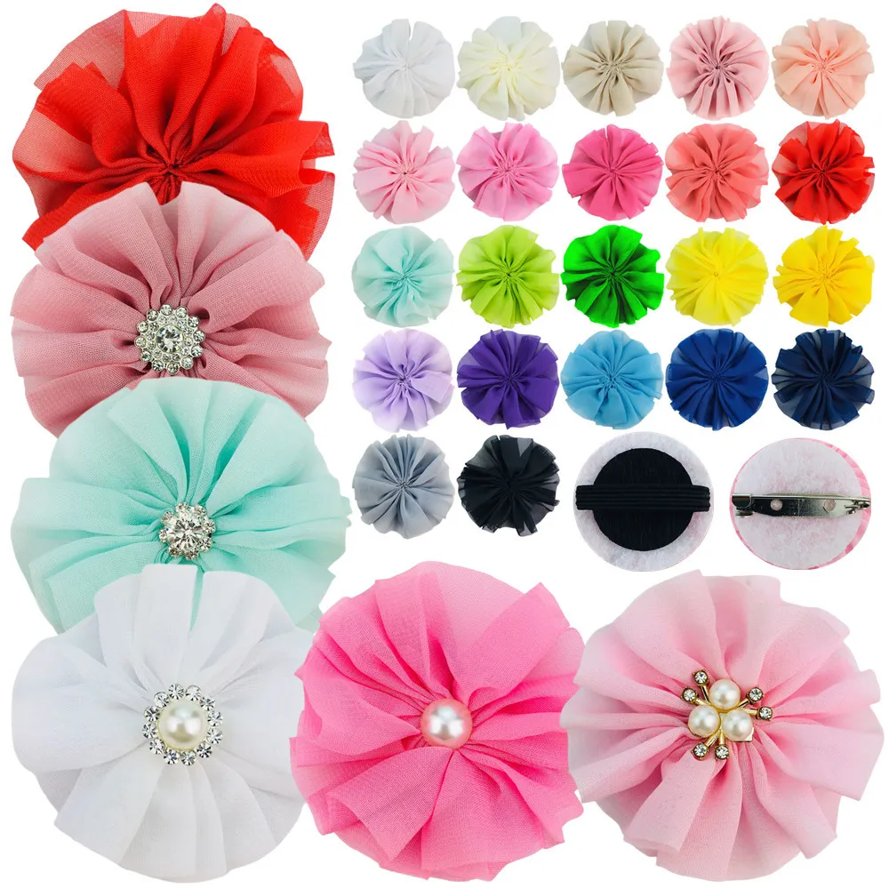 

7cm Chiffon Pleated Flower With Rhinestone Core High-end Pet Charm Hairpin Headband Pearl Accessories Direct Wholesale 300 Pcs