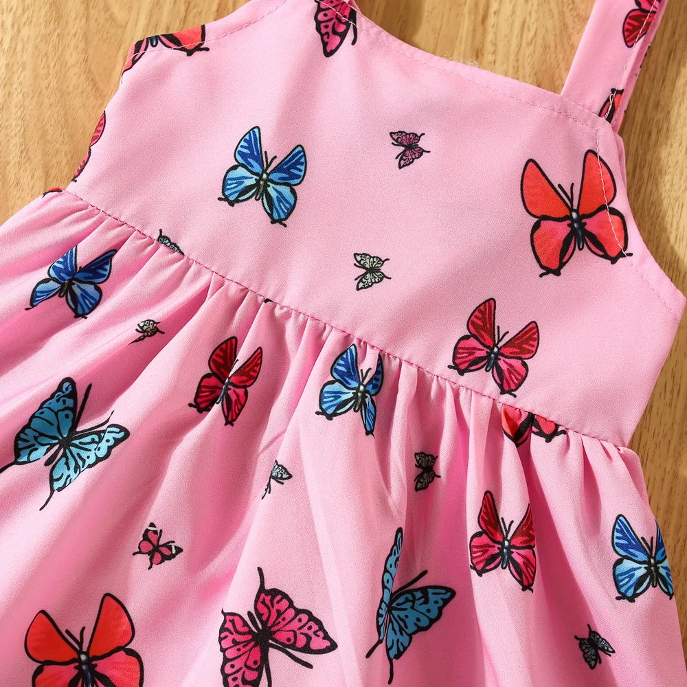 Summer New Girls\' Butterfly Print Bow Suspender Dress Baby Girl Korean Version Dress With Same Headband Included