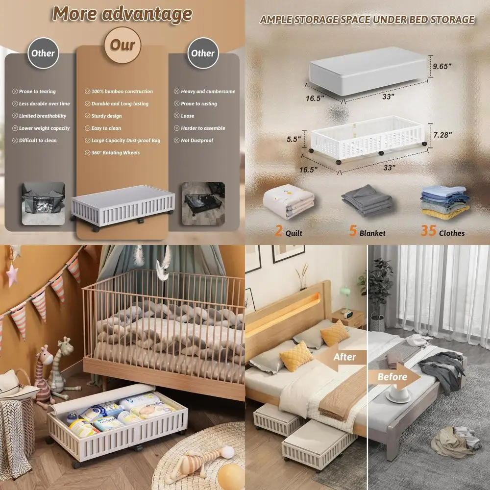 

Large 2-Pack Underbed Storage Containers with Wheels for Shoes, Clothes, and Blankets - Rolling Organizer in White