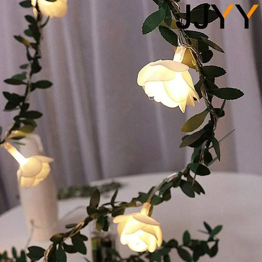Linterna navideña con rosas, luces LED de 1,5 M, 3M, 6M, iluminación de cuento de hadas de vid de hoja verde para decoración de fiesta familiar