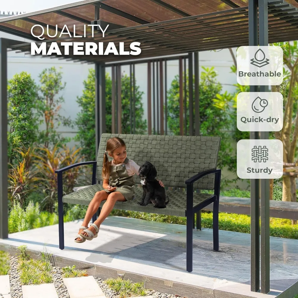 Outdoor Bench with High Back and Arms, Wood Bench Outdoor, Rustic Legs with PE Wicker Seat, All-Weather Outdoor Benches