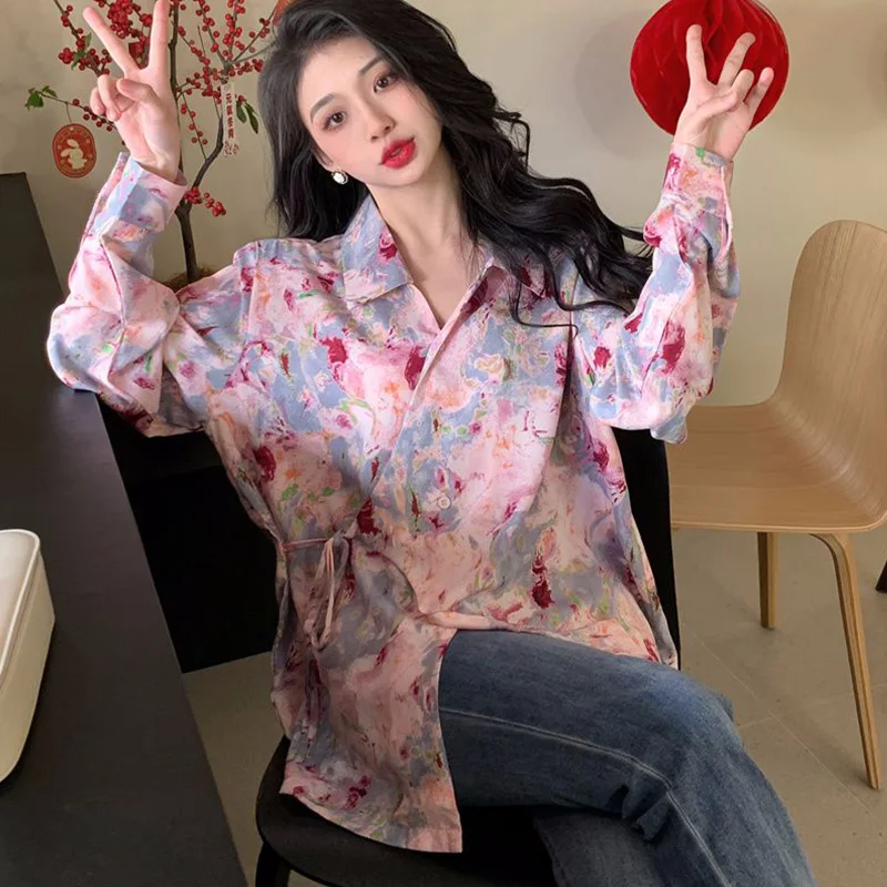 Retro printed long sleeves shirt for women\'s spring autumn new artistic style high-end loose slimming temperament elegant top