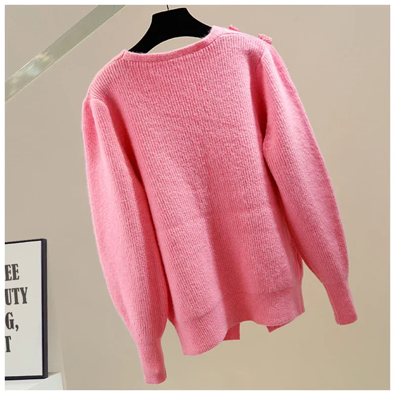 Heavy Sweet 3D Large Flower Decorative V-neck Pullover Knitted Top Spring Clothes Fashion Loose Thick Sweet Women's Sweater