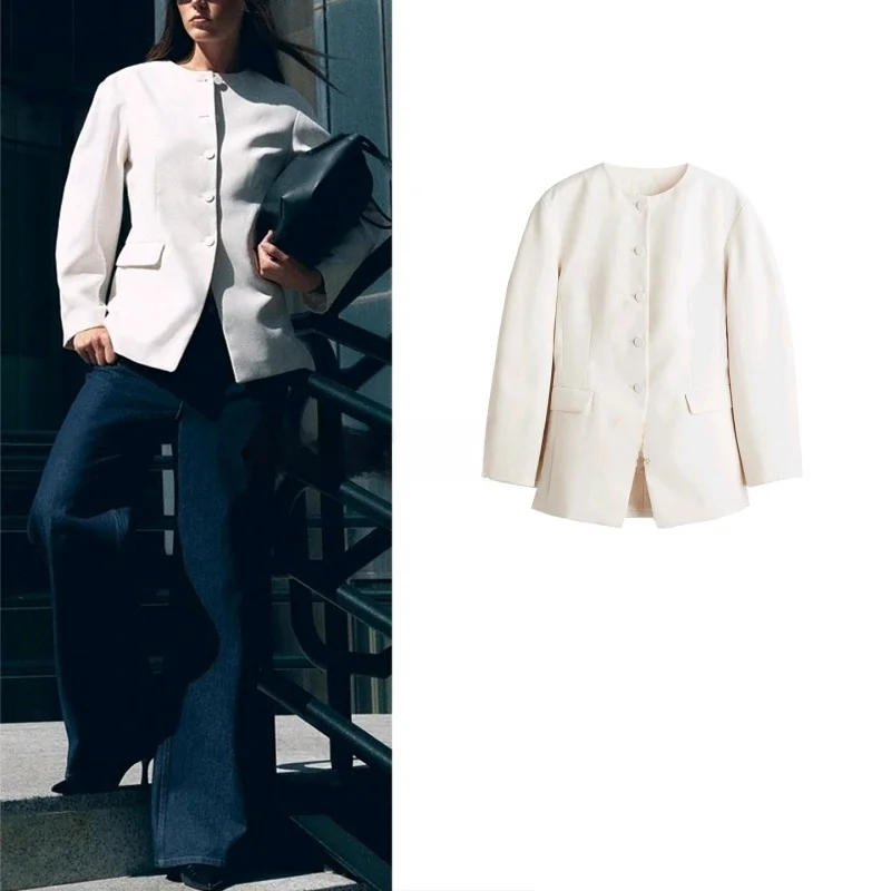

Осенний новый женский повседневный однотонный костюм на одной пуговице, круглый костюм без воротника Jaet, приятная для поездок на работу, модная верхняя одежда