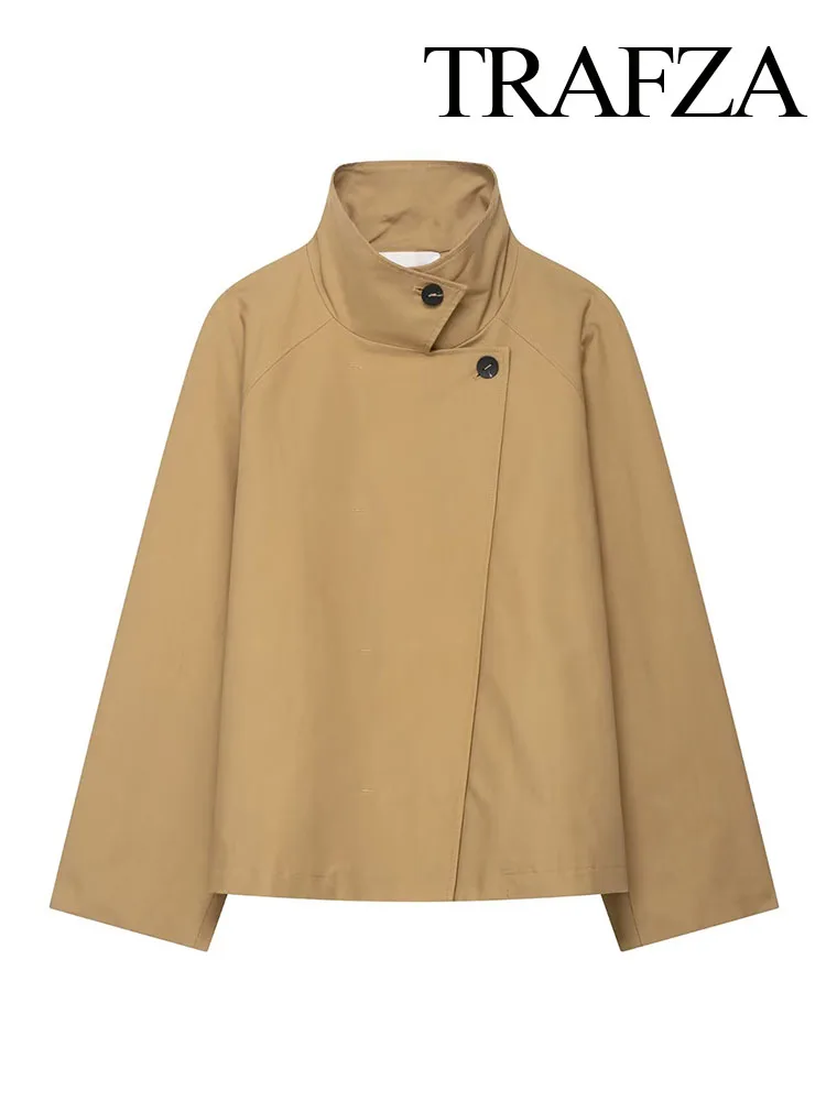 

TRAFZA Women Elegant Short Windbreaker High Collar Loose High Street Coat 2025 Autumn Woman Fashion Asymmetric Buttons Jacket
