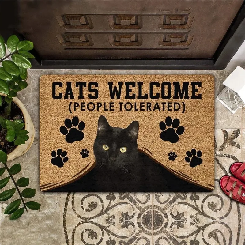 Entrance Doormat CATS WELCOME PEOPLE TOLERATED Printed Flannel Polyester Rugs Home Decor Kitchen Bedroom Mats Nonslip Area Mats
