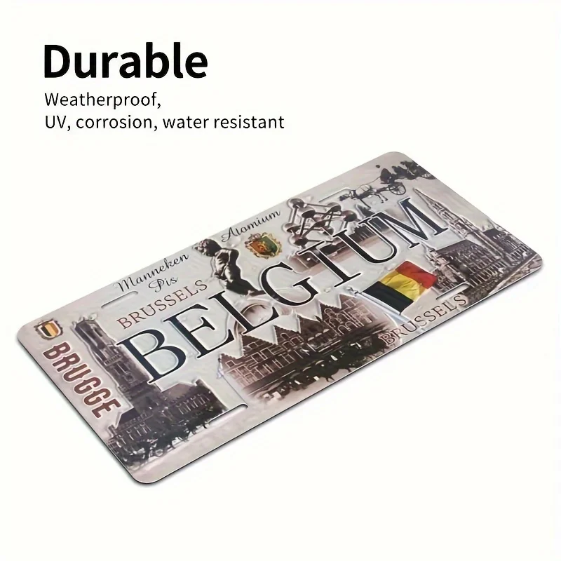 Vintage Brussels Belgium Aluminum License Plate Wall Decor -   Retro Cityscape & Flag Design, Corrosion-Resistant Metal Art for