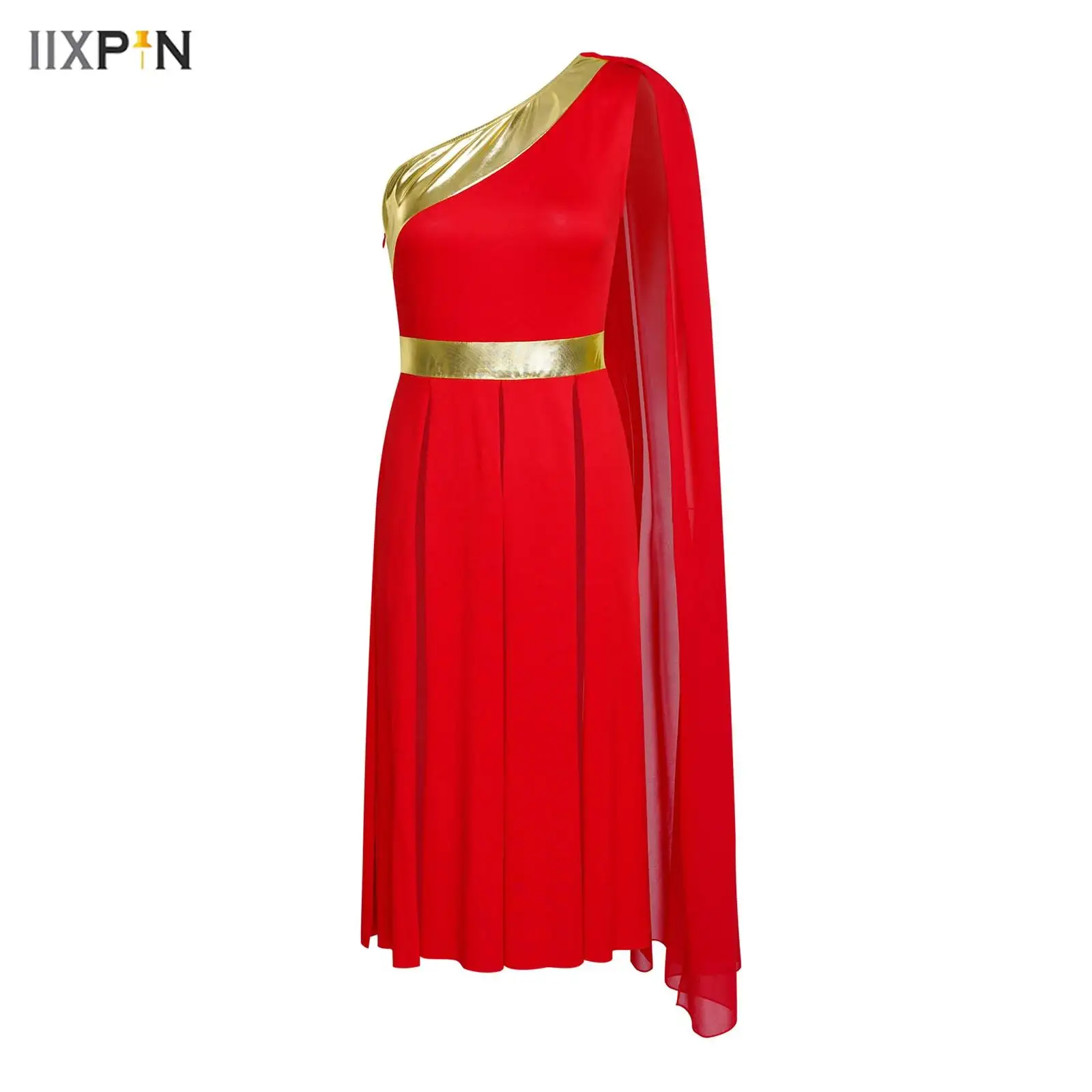 

Womens Lyrical Worship Praise Dance Dress One Shoulder with Drape Metallic Shiny Patchwork Slit Hem Tunic Dress Dance Costume