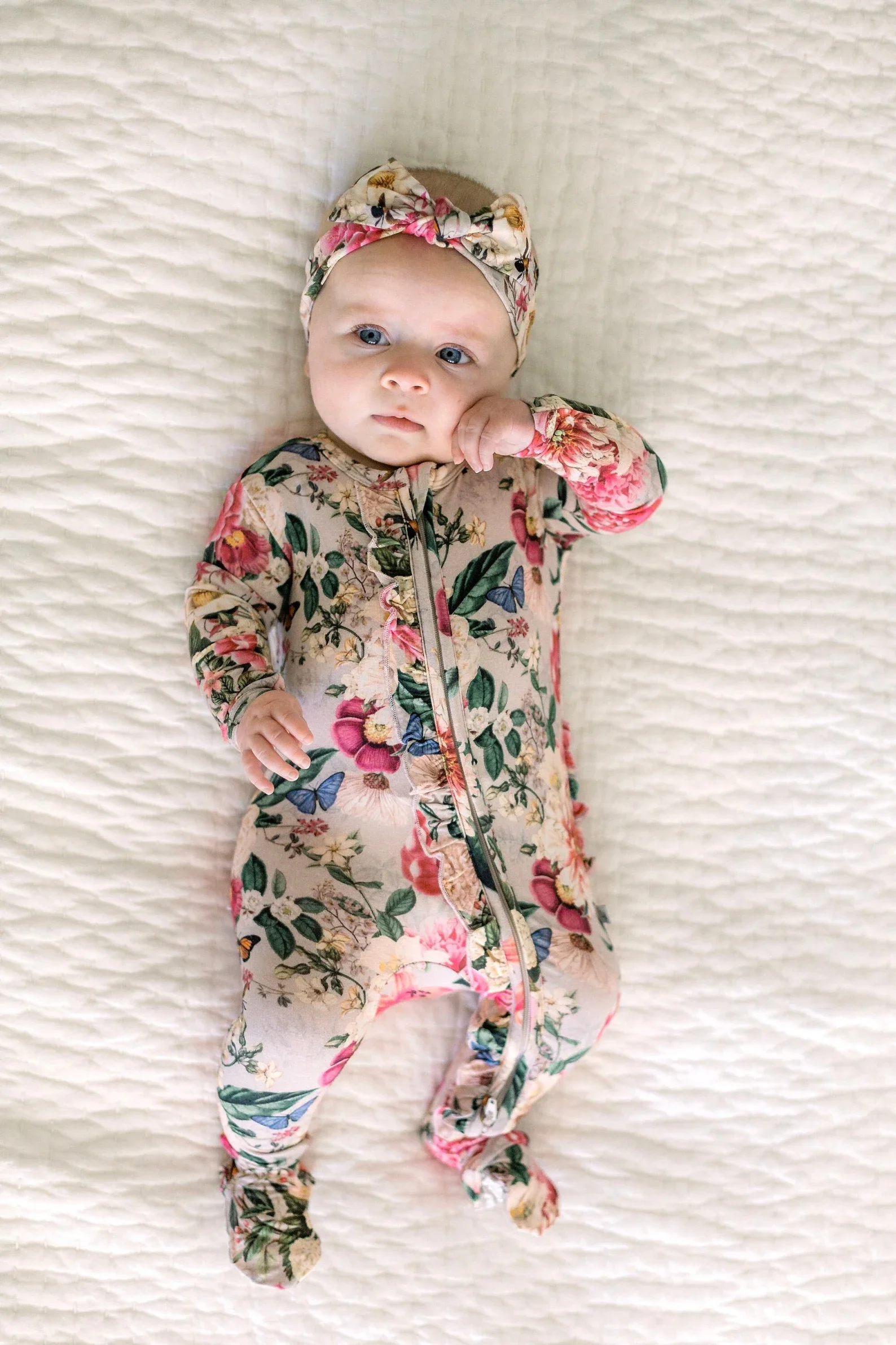 Rose Floral Pink Ruffle Romper Outfit Ruffle zipper outfit floral baby one piece baby pajamas