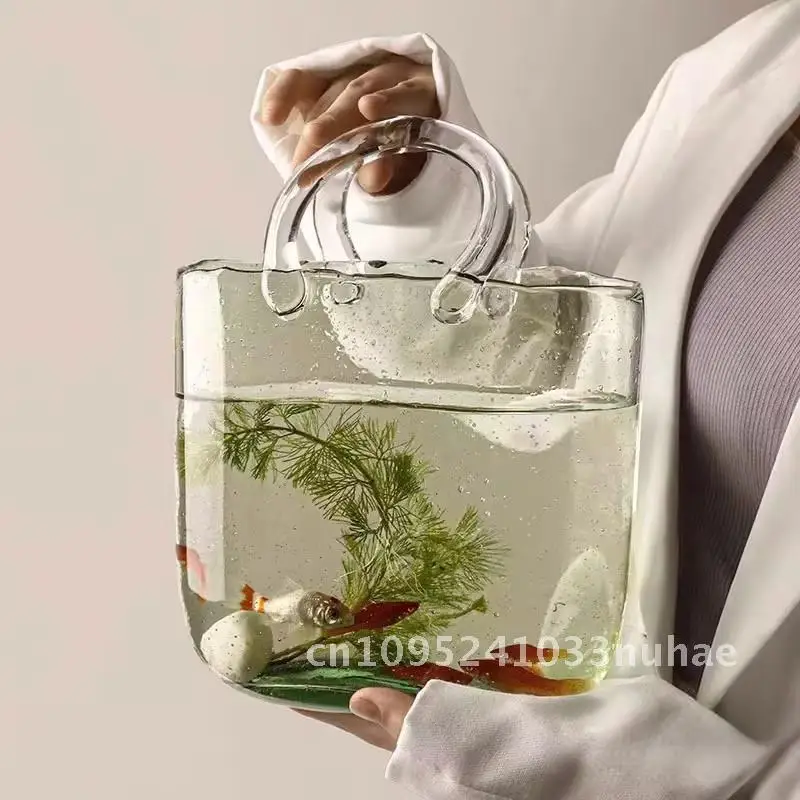 

Скандинавская высококачественная прозрачная сумка, стеклянная ваза, легкая роскошная простая настольная креативная рыба, цветочная композиция, художественные украшения