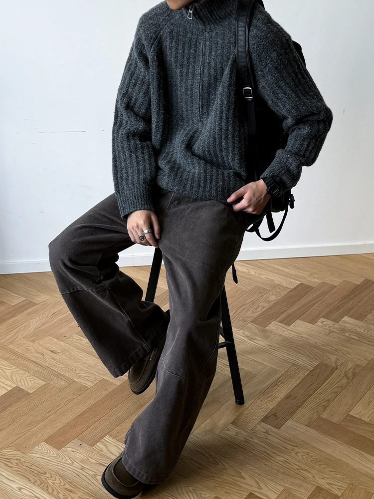 Maglione dolcevita con mezza zip in misto lana autunno inverno da uomo, tinta unita vintage, vestibilità rilassata, maglieria alla moda, pullover da uomo