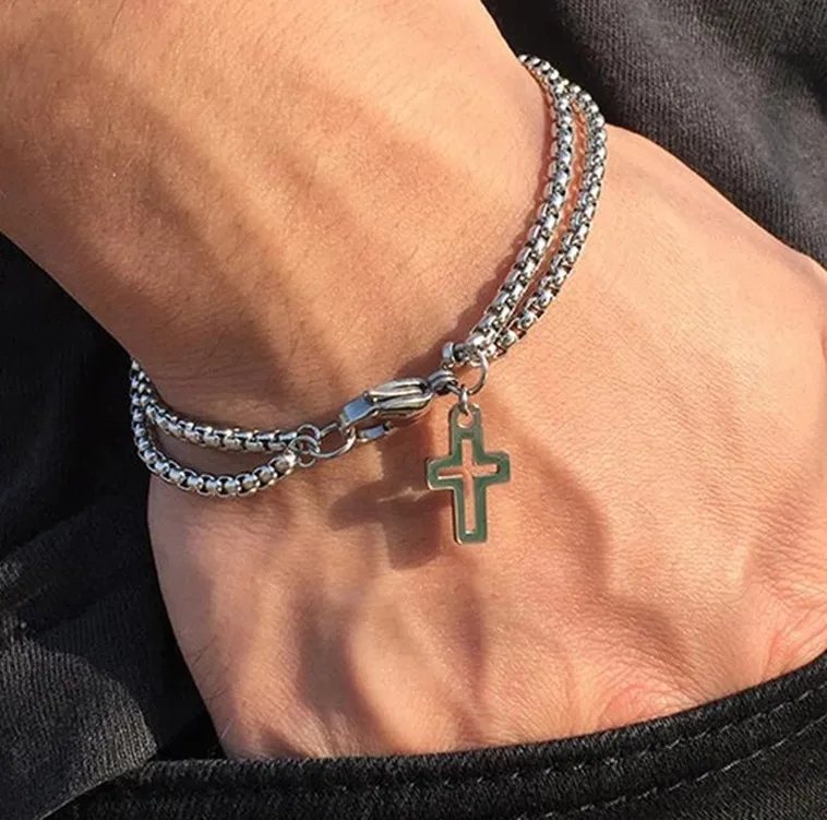 Men's Fashion Double Chain Cross Hollow Wrist Bracelets Lobster Claw Clasp Stainless Steel Bracelet Hip Hop Punk Party Jewelry