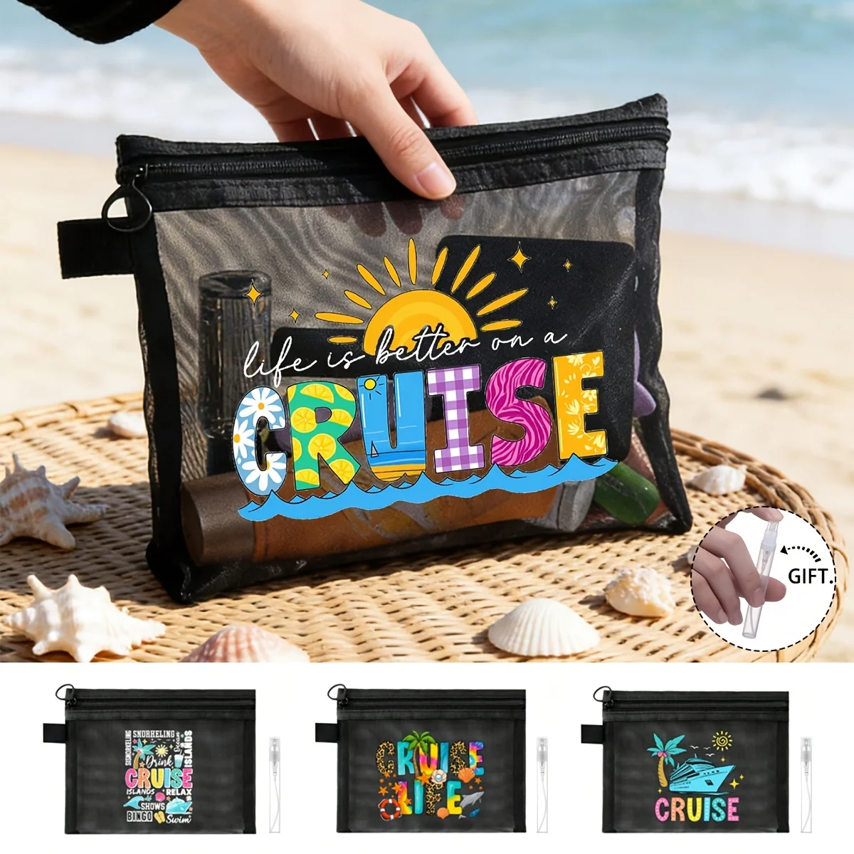 Cruise Life Alphabet Pattern Mesh Cosmetic Bag, with Coconut Tree, Seashell, Whale and Starfish Patterns, Portable Storage Bag