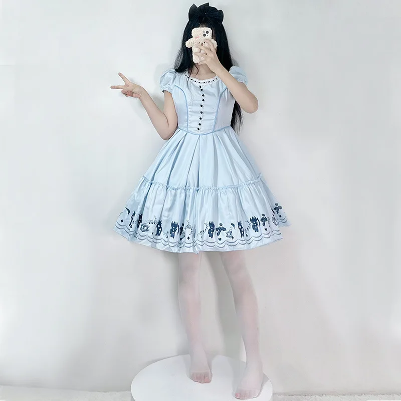 

Halloween Alice Dress Dreamy Fairyland Fairy Costume Women Cute Maid Blue Short Sleeve Puffy Dress Lolita Princess Dresses