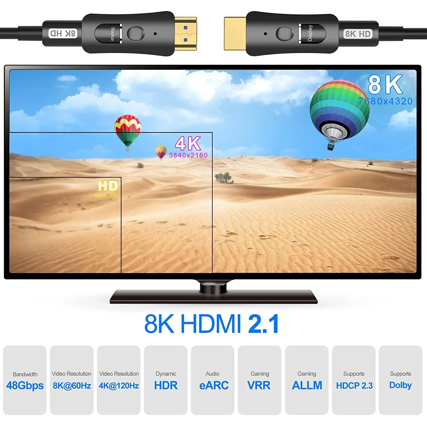 HD 2.1 Detachable Fiber Optic Cable HDMI ,Micro HDMI Dual Connectors  8K@60Hz, 4K@120Hz 48Gpbs HDR 20m 30m 50m for RTX 3080/3090