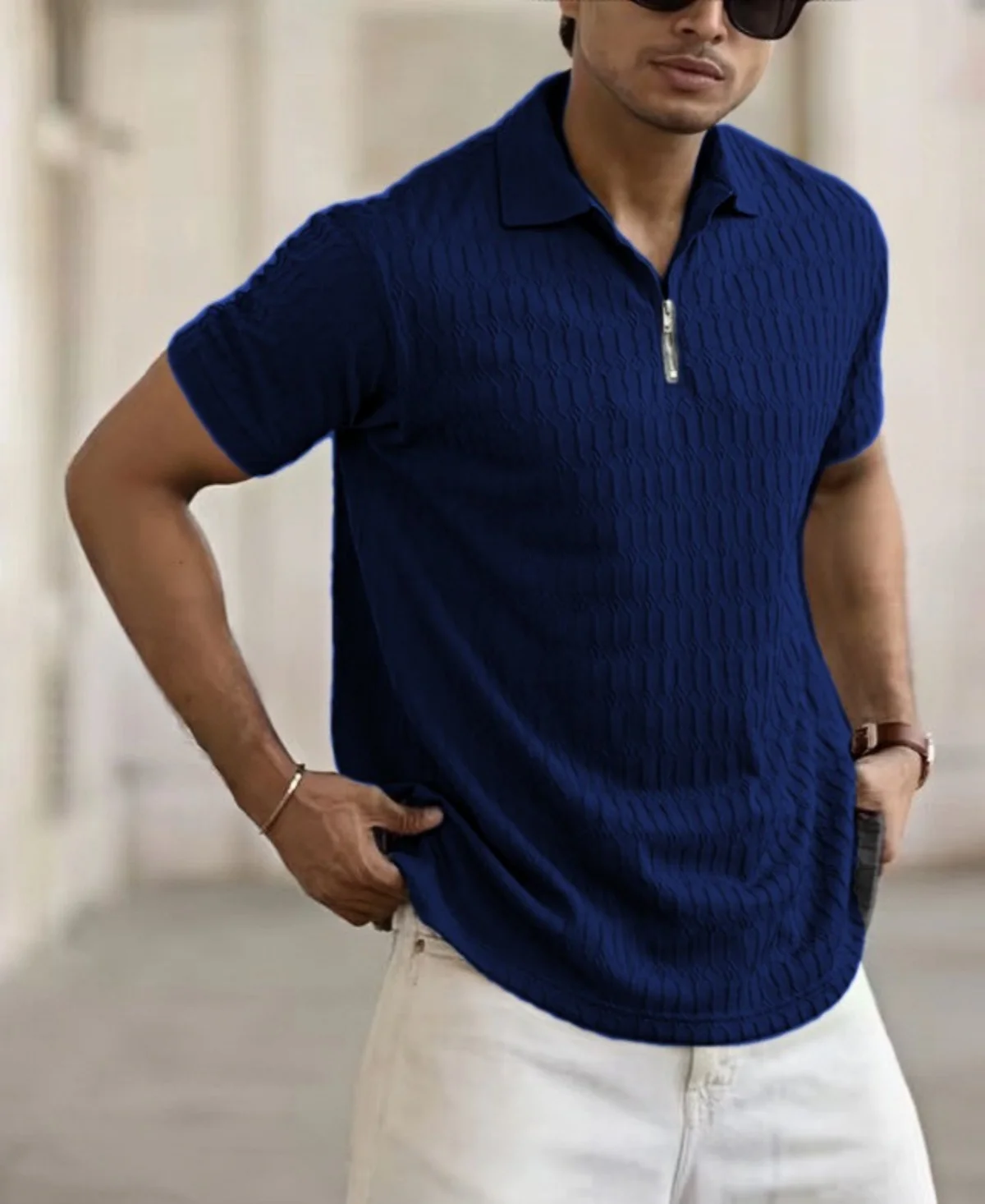 2025 New summer fashion short-sleeved jacquard solid-color POLO shirt with zipper lapel sports top