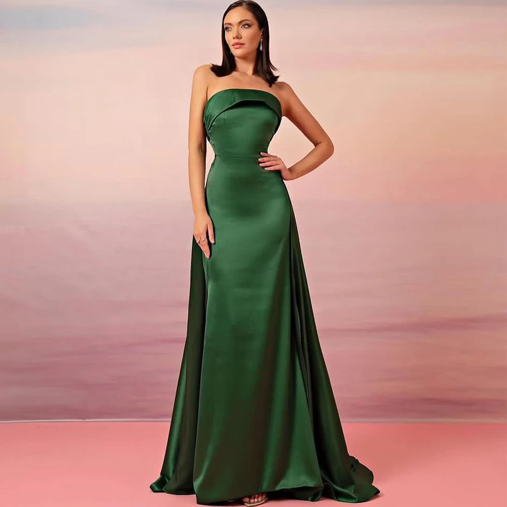 

Flechazo Strapless Green Evening Dress Sleeveless Mermaid Floor Length with Sweep Train Women Prom Custom Made Pleat Gowns