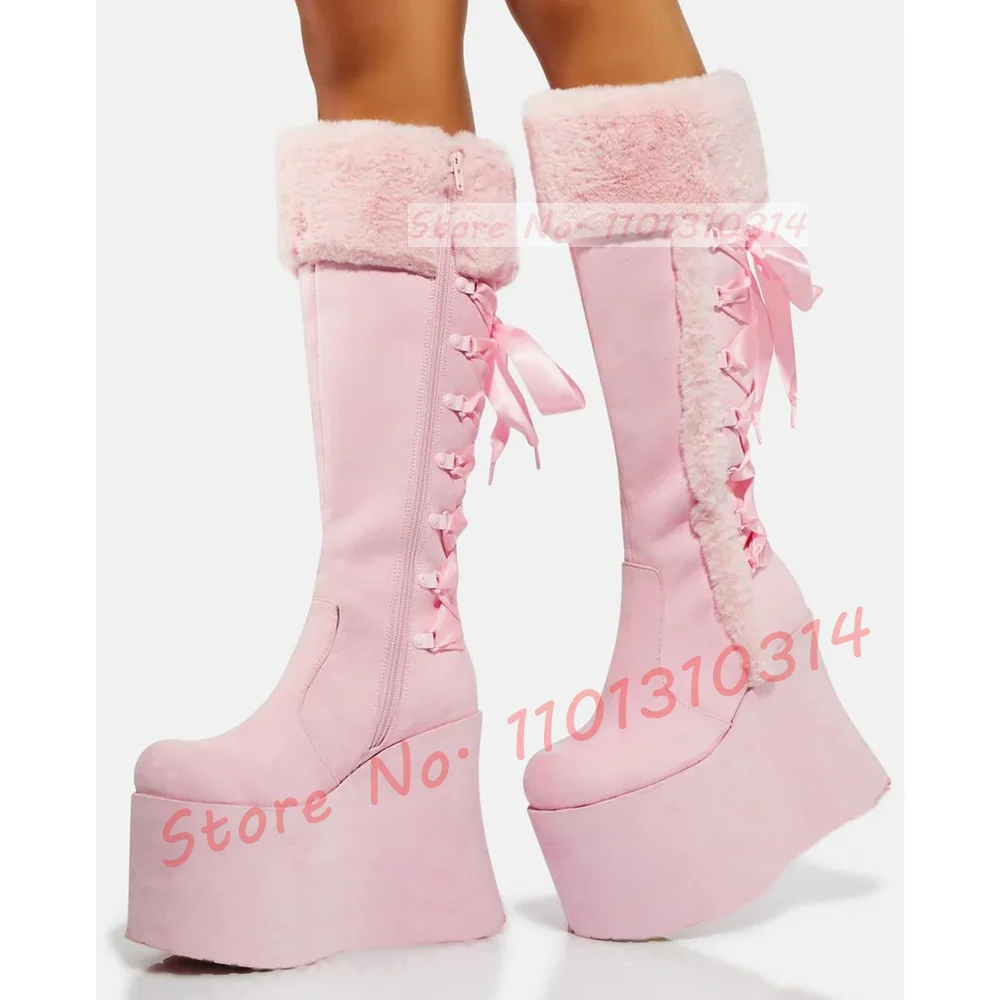 Pink Fur Trim Platform Knee Boots Women Sweet Back Satin Ribbons Wedges Shoes Girl\'s Splicing Streetwear Cute Side-zip Boots