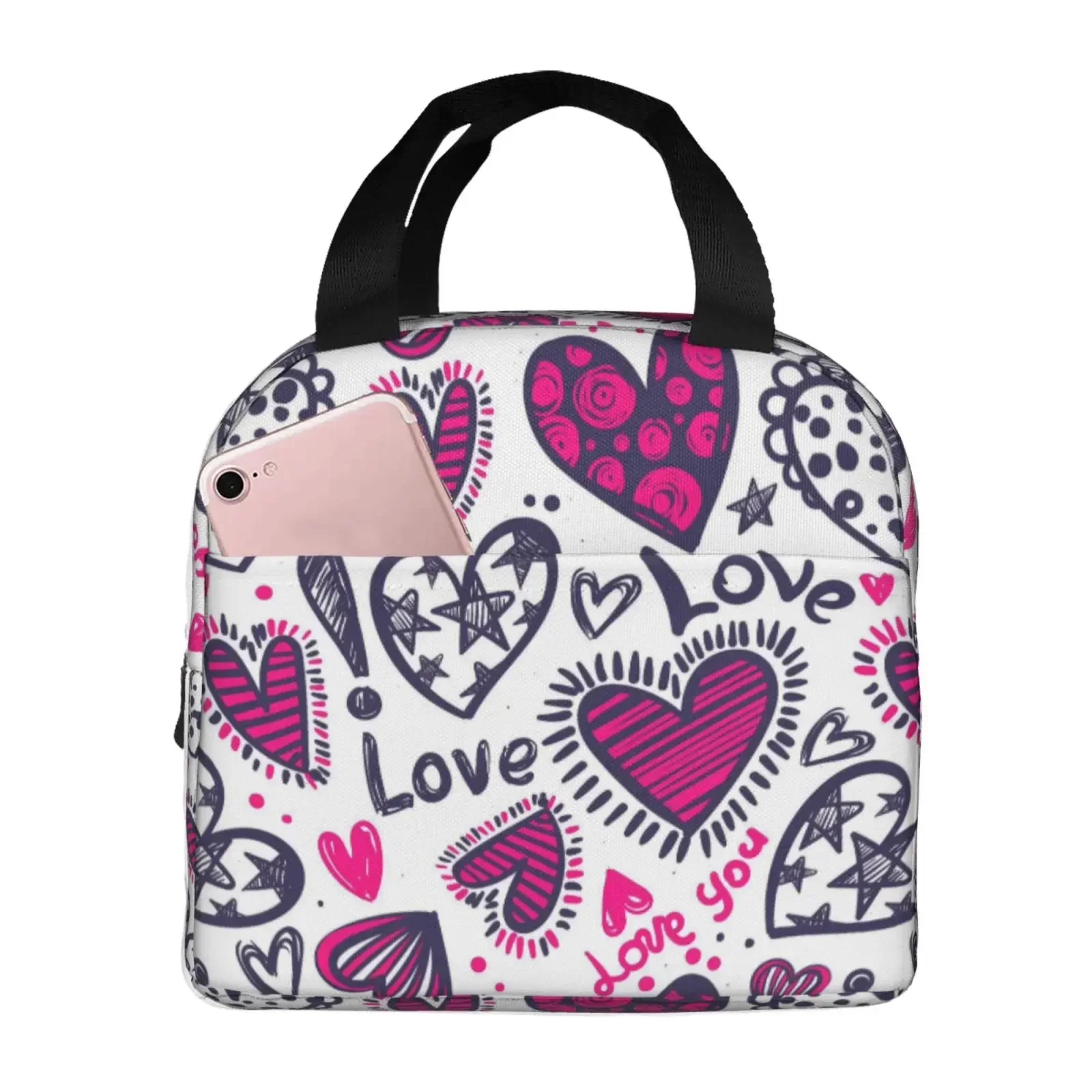 Abstract Love Pattern Insulated Lunch Bag For Women Men Portable Thermal Cooler Insulated Lunch Box Picnic Travel Food Tote Bags