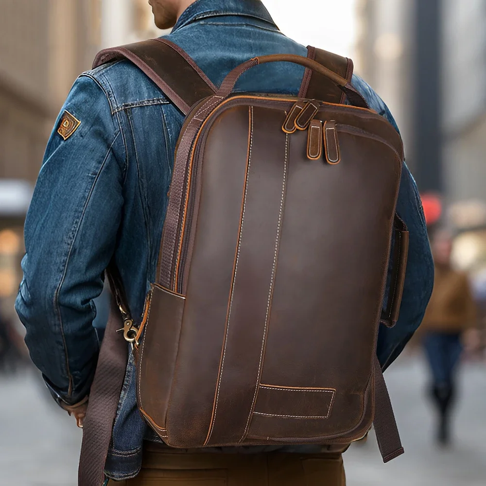 

Multifunction Leather Backpack For Men Male Genuine Leather Handbags Travel Bag Crazy Horse Leather Male Backpacks 15.6 Laptop