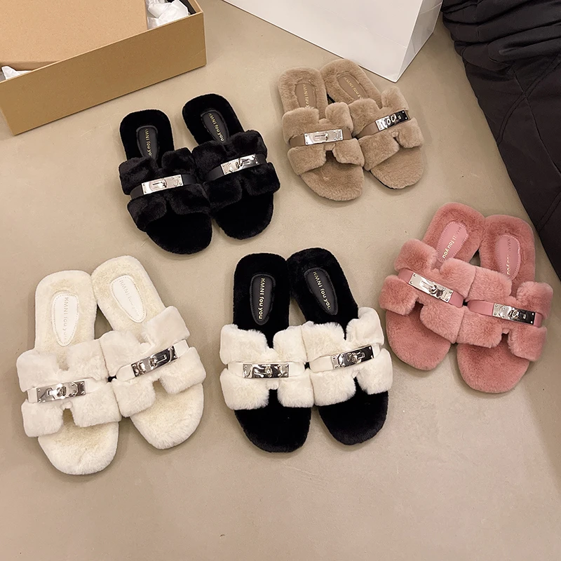 Leisure Fluffy Fur Slippers Women Warm Plush Flat Women Shoes Letter Platform Furry Slippers Shoes Zapatos De Mujer