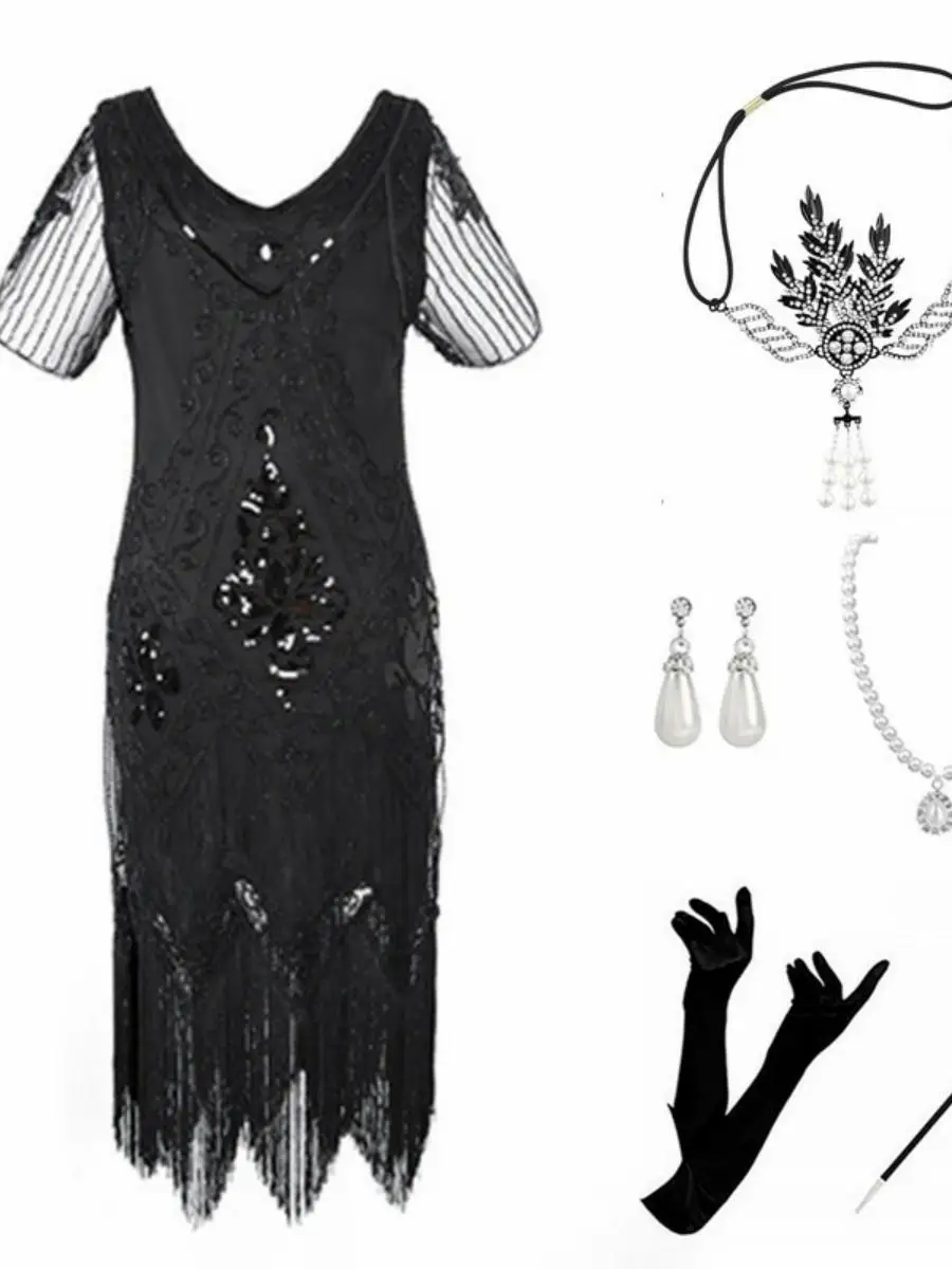 فستان مثير مزين بالترتر والشراشيب لحفلات الهالوين، زي غاتسبي بطراز عشرينيات القرن الماضي، فستان سهرة بأكمام قصيرة للمناسبات ا... #1