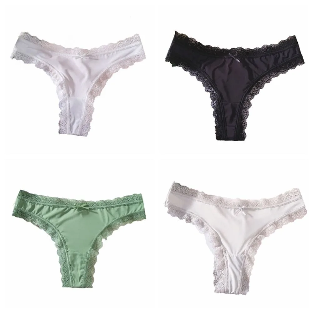 Bragas cómodas de seda helada sin costuras, entrepierna de algodón, cintura baja, bragas con lazo de encaje, ropa interior femenina, lencería cómoda