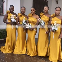 Vestidos de dama de honor de un hombro para mujer, vestidos de dama de honor con cuentas de perlas, vestido de fiesta de boda largo de sirena, vestidos de recepción de damas de honor doradas y amarillas