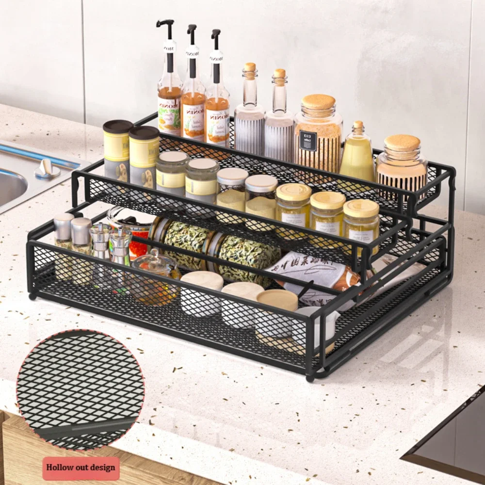 Pull Out Storage Rack Desktop Foldable Kitchen Seasoning Racks Metal Storage Shelves Household Storage Organizer for Kitchen