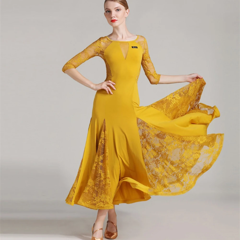 Roupas de prática moderna valsa vestido manga longa vestidos de noite em torno do pescoço gengibre competição vestido de dança de salão renda padrão