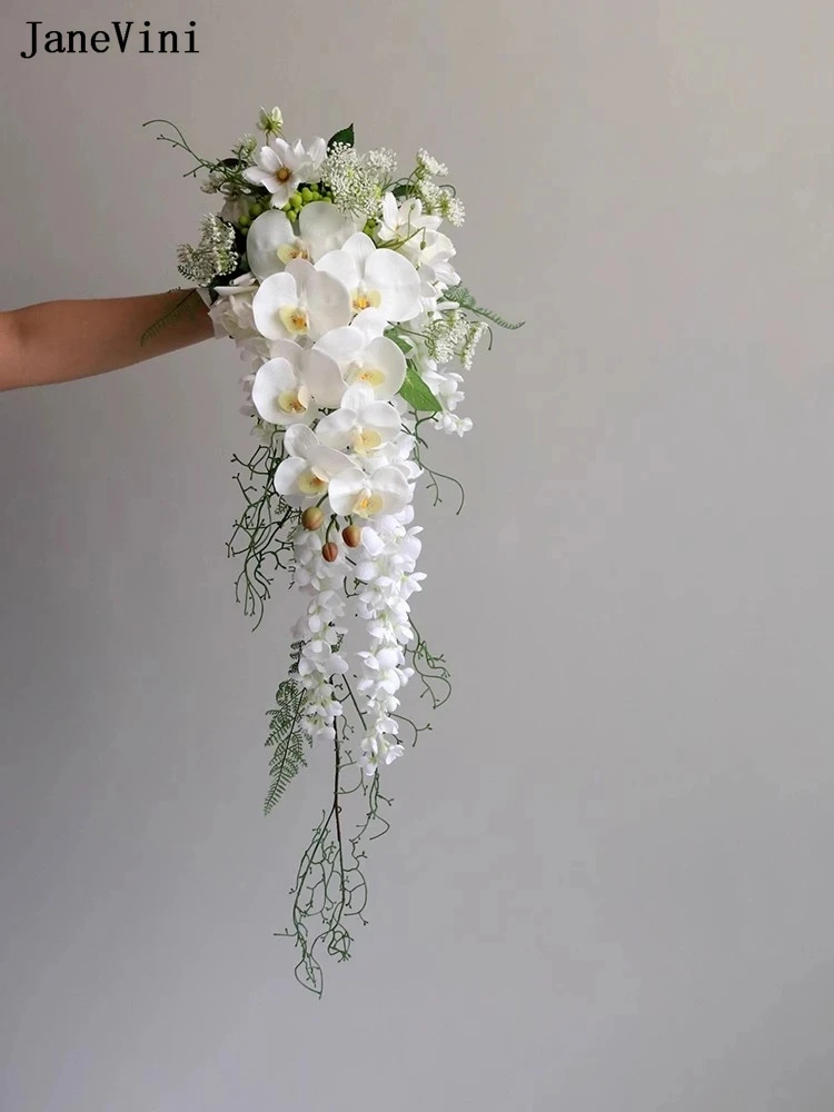 JaneVini artificiale bianco falena orchidea cascata da sposa Boquet fiori accessori da sposa sposa Bouquet di fiori Ramos De Boda