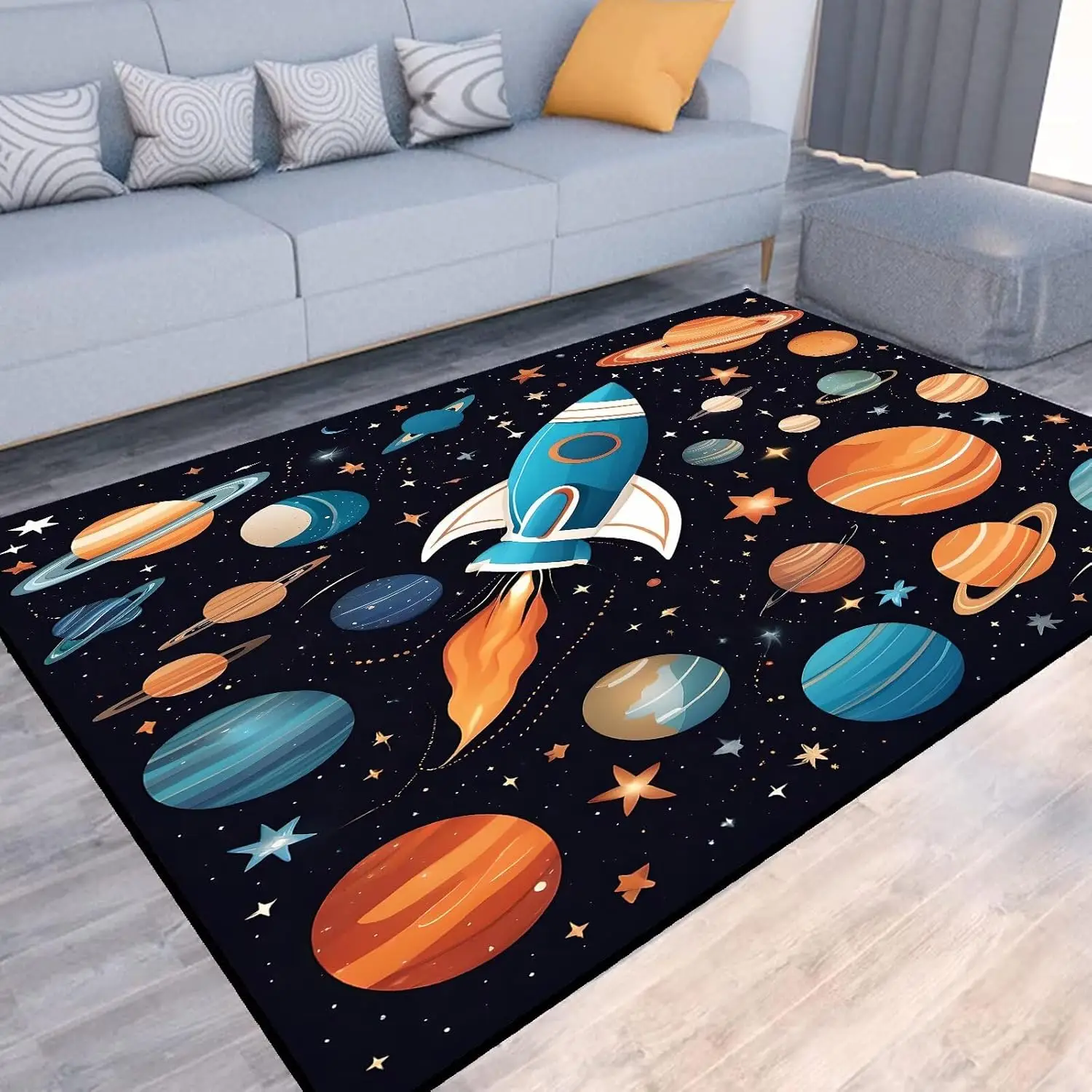 Space Rug for Kids Room Rocket Rugs Cartoon Stars Carpet Galaxy Planet Printed Throw Rugs for Boys Children Bedroom Living Room