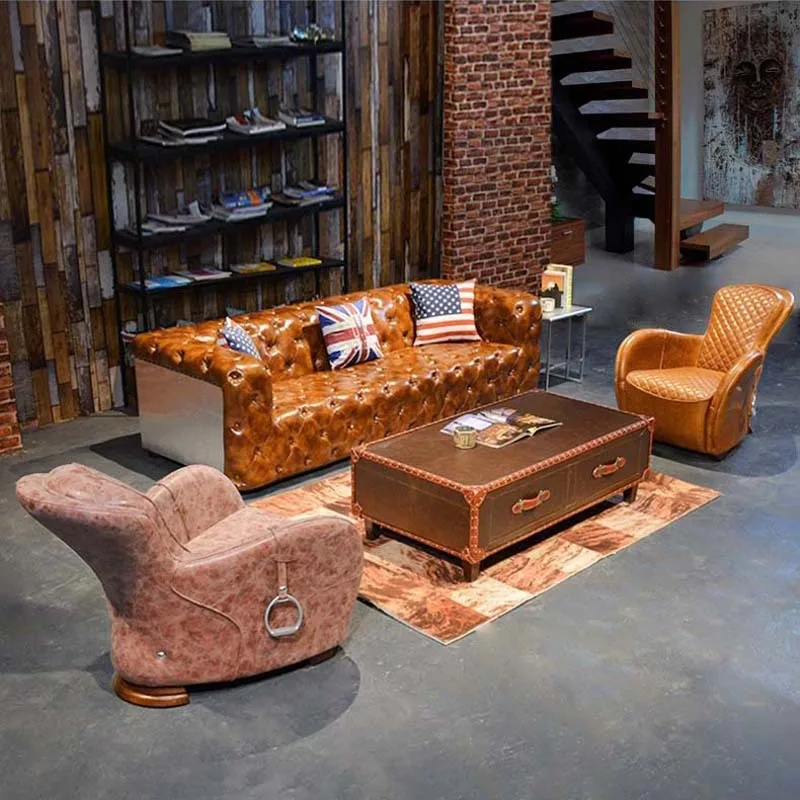 American oil wax leather buckle sofa industrial style aluminum leather retro cigar bar genuine leather sand