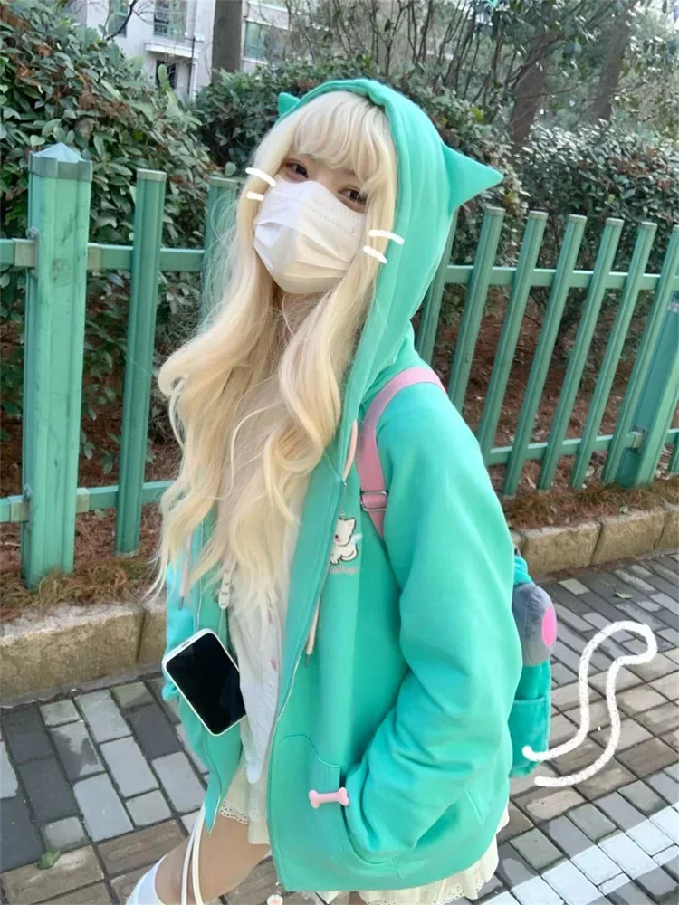 

2025 Harajuku Ear Kawaii Zip Up Hoodies Women Japanese Style Cute Hooded Oversized Sweet Lolita Girly Sweatshirts