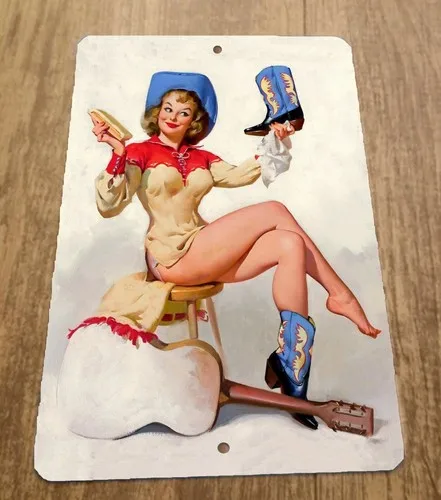 Cowgirl mit Gitarre Pinup-Girl-Kunstwerk Metallwand Vintage-Poster-Schild