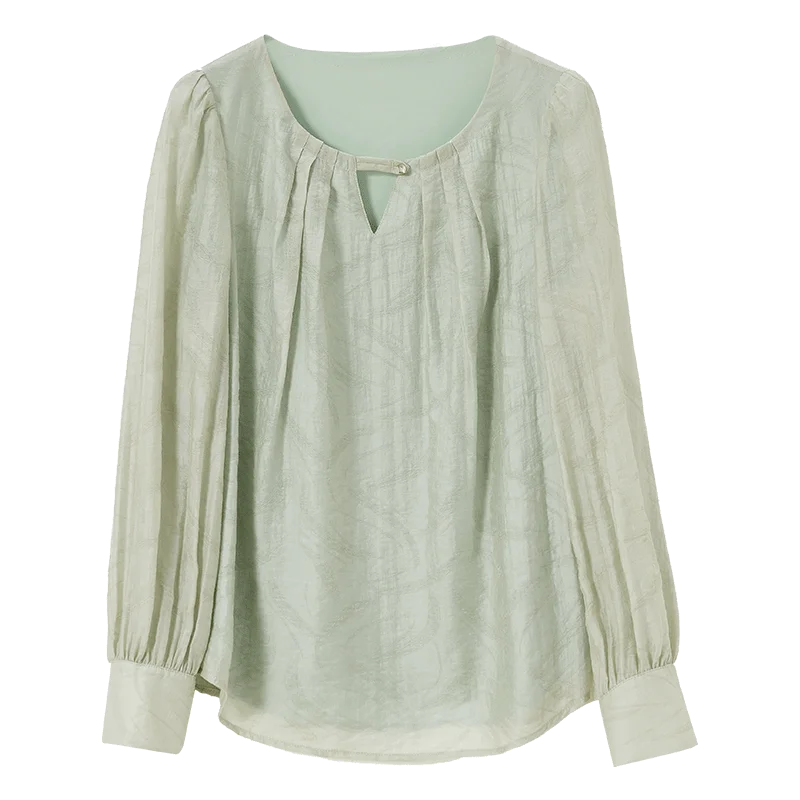 SENTUBILA Women Chinese Style Blouses Lyocell 2025 Elegant Hollow-Out Folds Commute Round Neck Long Sleeve Shirts 151V57941