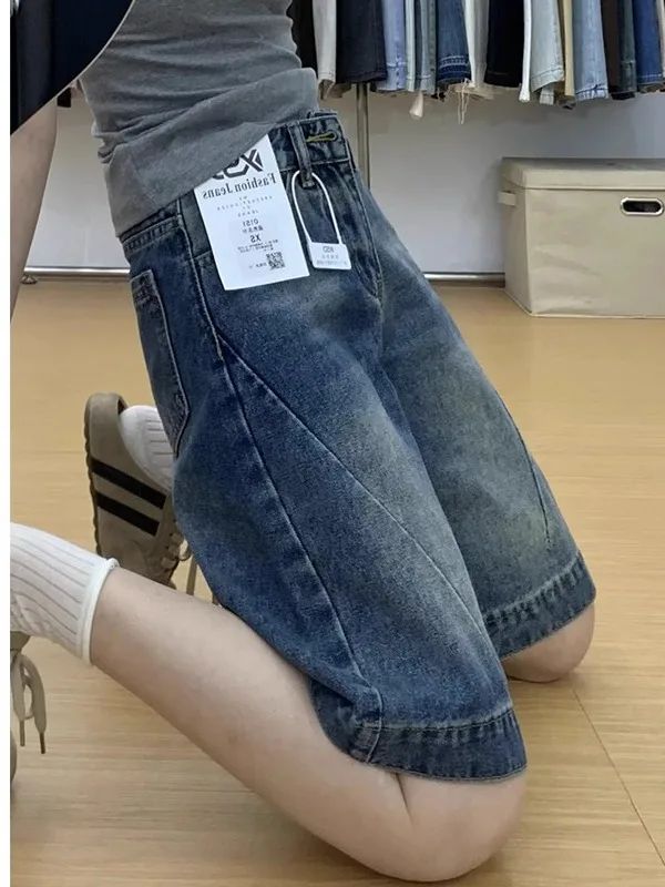 

plus Size Retro Spicy Girl Five-Point Denim Shorts Women Summer Loose Straight Leg Wide Leg Small Size Fat MM Jeans Pants