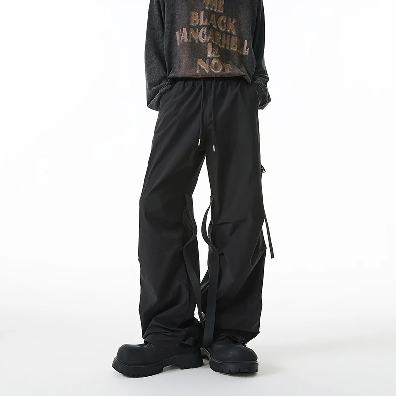 

New Men's Fashion Cargo Pants Side Ribbons Long Straight Loose Trousers Trend Hip Hop Streetwear Casual Parachute Pants