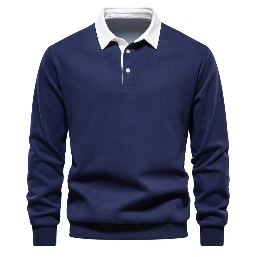 Navy Blue Polo T Shirt MenLong Sleeve Pullover Polo Shirt for Autumn and Winter Solid Sweatshirt Men's Golf Casual Tops